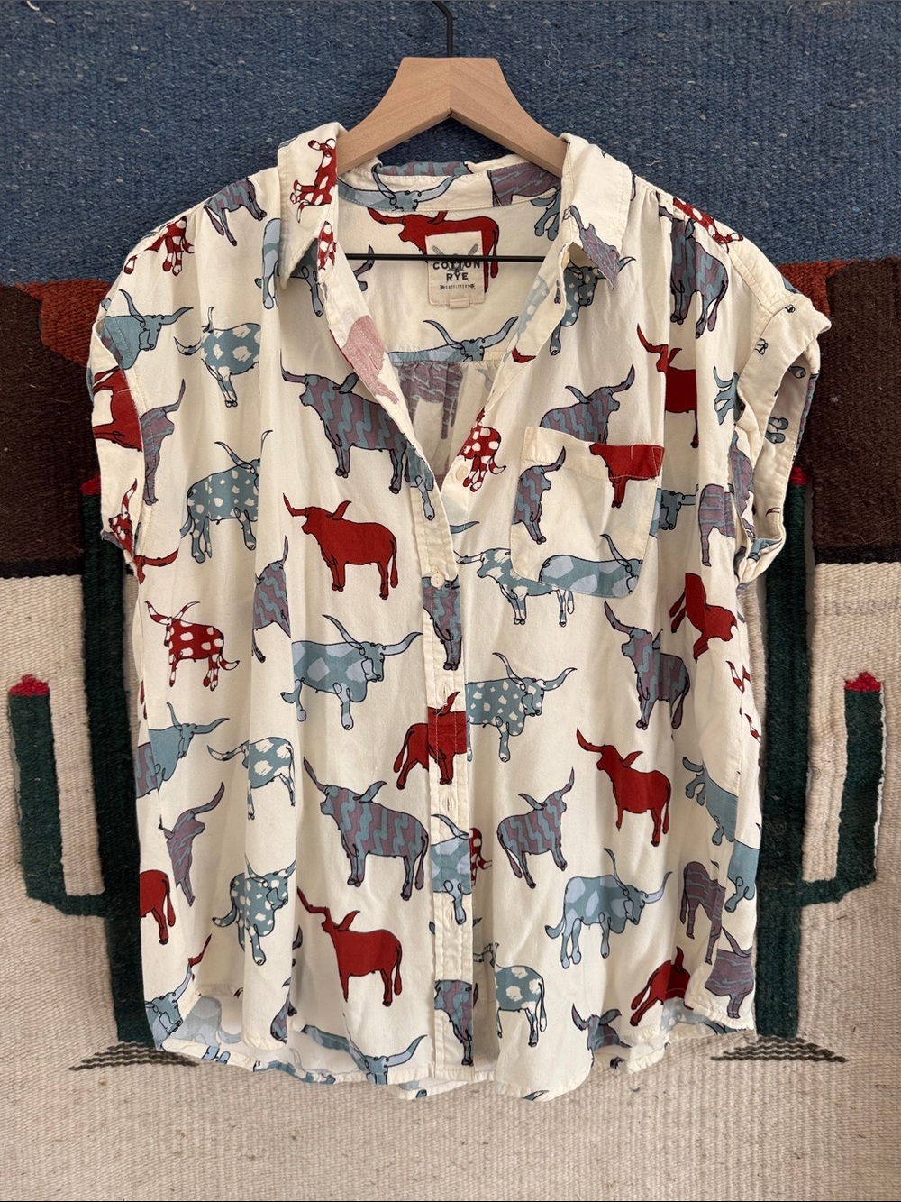 Cotton On Cream Short-Sleeve Button Front Blouse with Red & Blue Print